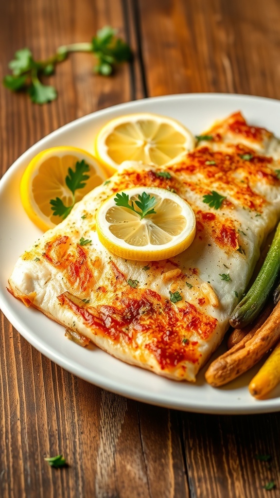 Baked tilapia fillet with lemon and herbs, garnished with parsley and served with vegetables on a white plate.